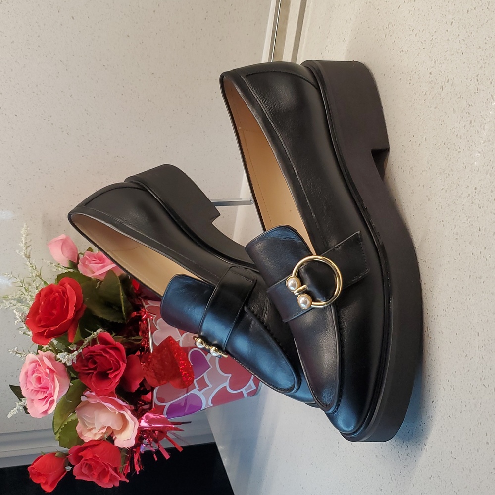 Stuart Weitzman Black Leather Pearl-Accent Platform Loafers